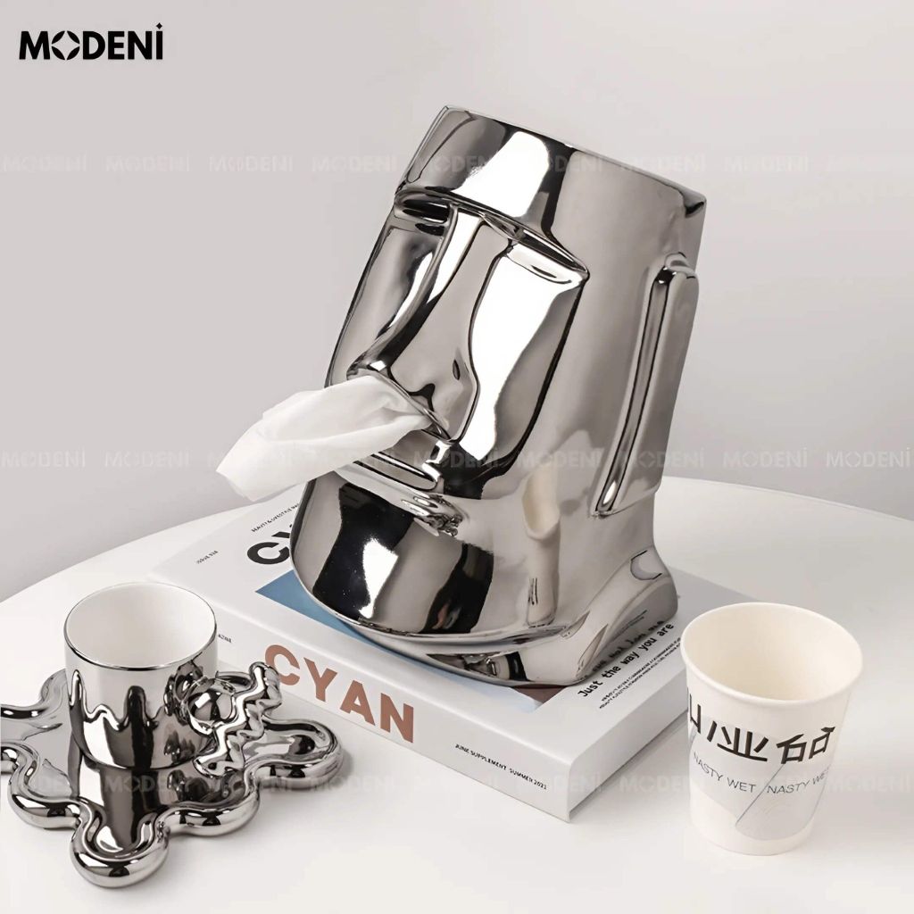 Hộp Khăn Giấy Moai Silver Cao Cấp – Thiết Kế Nghệ Thuật Độc Đáo – Decor Phòng Khách, Bàn Làm Việc, Quà Tặng Lạ Mắt