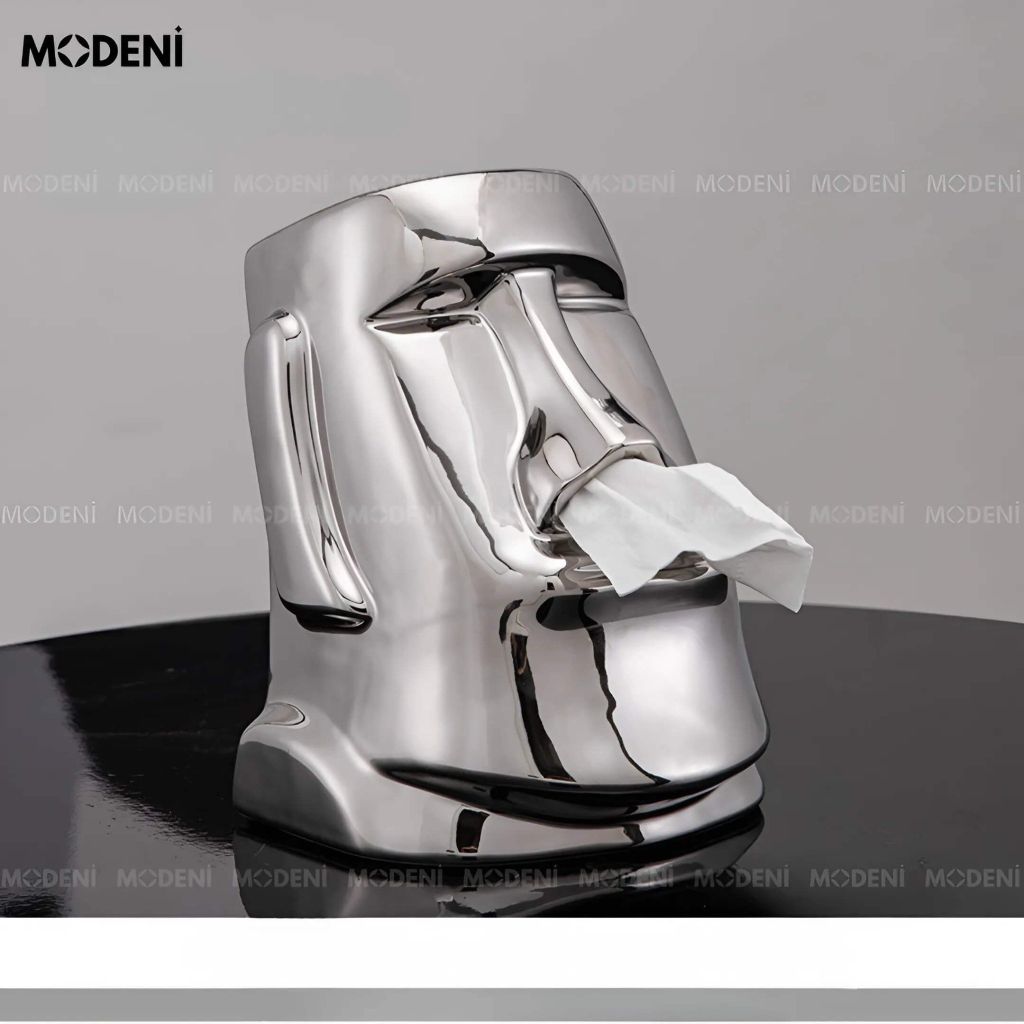 Hộp Khăn Giấy Moai Silver Cao Cấp – Thiết Kế Nghệ Thuật Độc Đáo – Decor Phòng Khách, Bàn Làm Việc, Quà Tặng Lạ Mắt