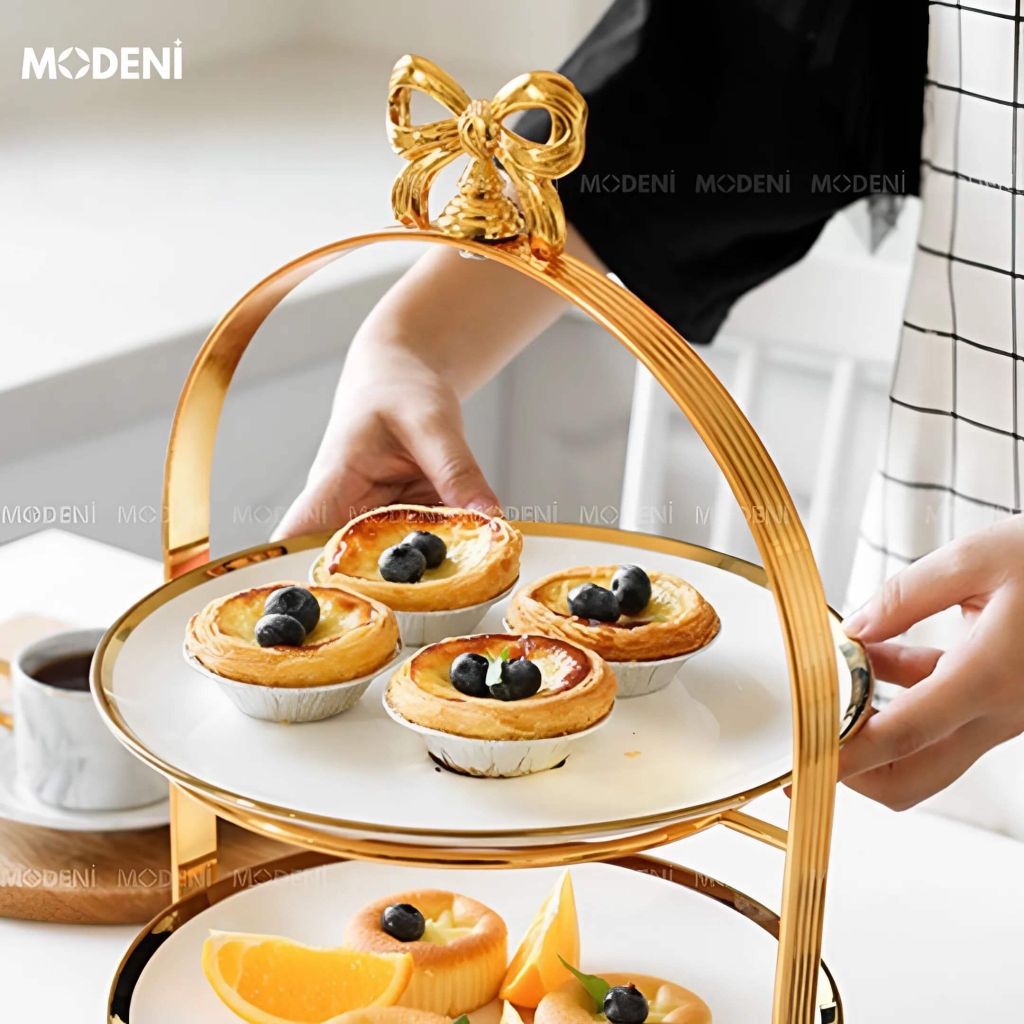 Khay Bowtie 2 Tầng Kèm Đĩa Cao Cấp – Viền Mạ Vàng Thanh Lịch, Trà Chiều Sang Trọng