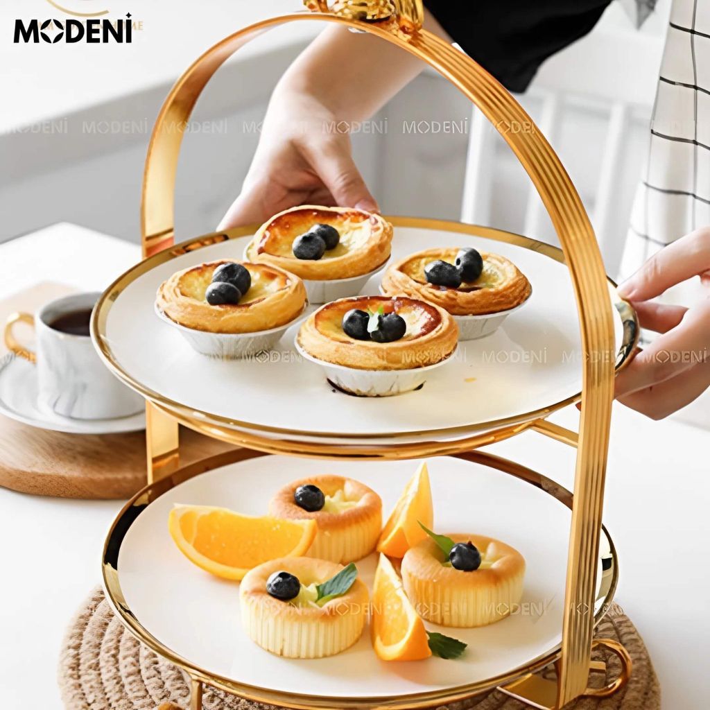 Khay Bowtie 2 Tầng Kèm Đĩa Cao Cấp – Viền Mạ Vàng Thanh Lịch, Trà Chiều Sang Trọng