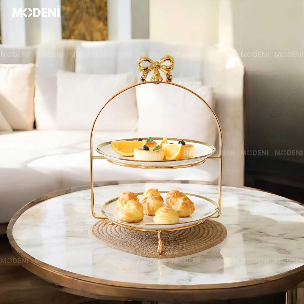 Khay Bowtie 2 Tầng Kèm Đĩa Cao Cấp – Viền Mạ Vàng Thanh Lịch, Trà Chiều Sang Trọng