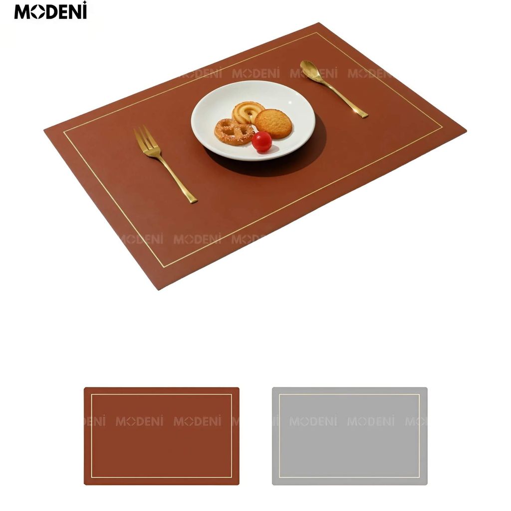 Tấm Lót Bàn Ăn Shuri Viền Vàng 2 Mặt Nâu Xám Cao Cấp – Chống Thấm, Dễ Vệ Sinh, Dùng Cho Bàn Tiệc Sang Trọng
