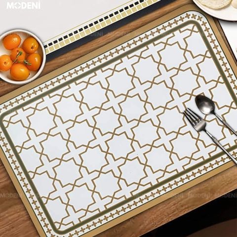 Tấm lót bàn ăn Trefoil PVC họa tiết vàng sang trọng phối nền trắng