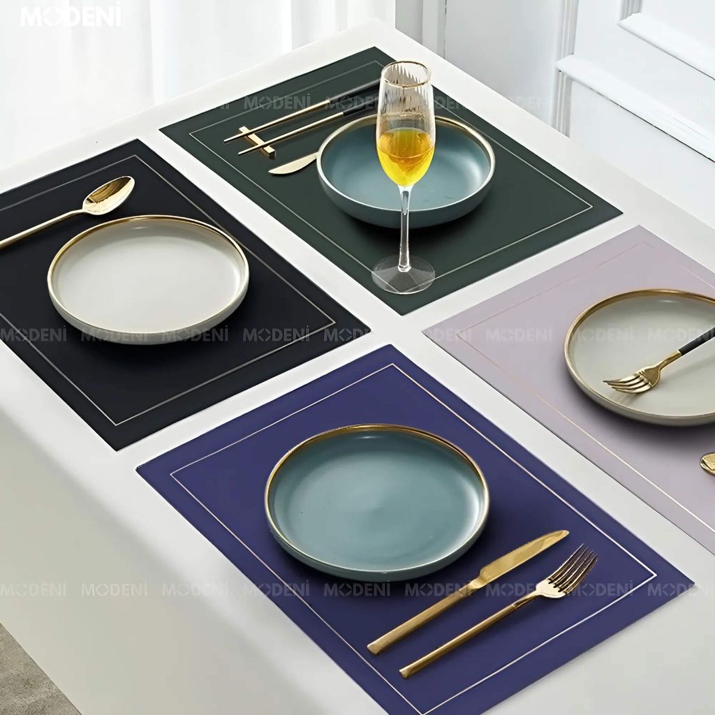 Tấm Lót Bàn Ăn Shuri Viền Vàng 2 Mặt Xanh Vàng – Placemat Chống Thấm Cao Cấp Cho Bàn Tiệc Sang Trọng