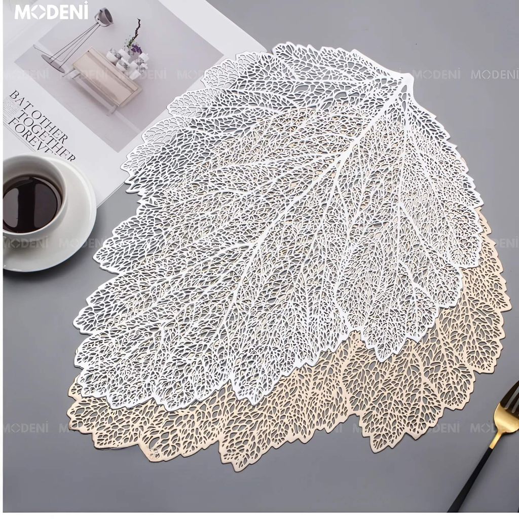 Tấm Lót Bàn Ăn Leafy Placemat Họa Tiết Lá Cây Vàng Ánh Kim – Trang Trí Sang Trọng, Chất Liệu PVC Cao Cấp, Kích Thước 47x36cm