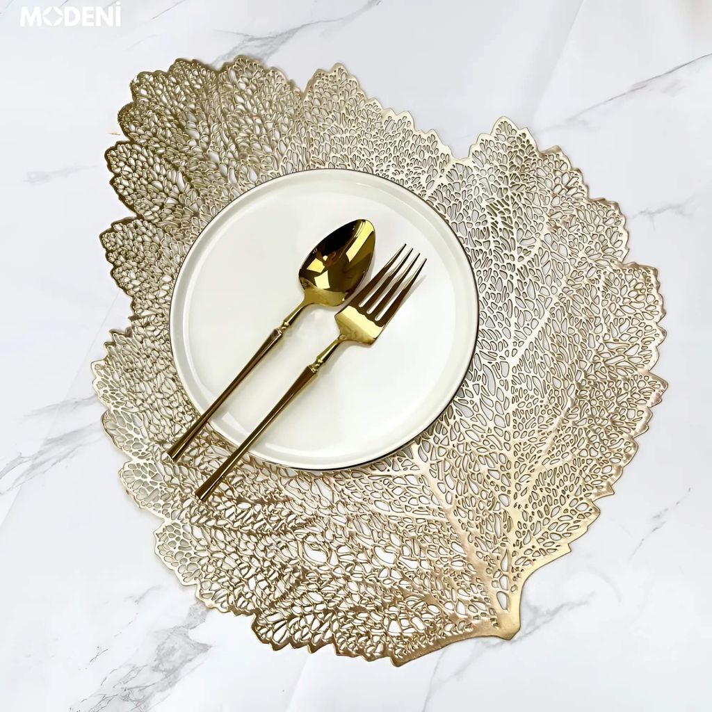 Tấm Lót Bàn Ăn Leafy Placemat Họa Tiết Lá Cây Vàng Ánh Kim – Trang Trí Sang Trọng, Chất Liệu PVC Cao Cấp, Kích Thước 47x36cm