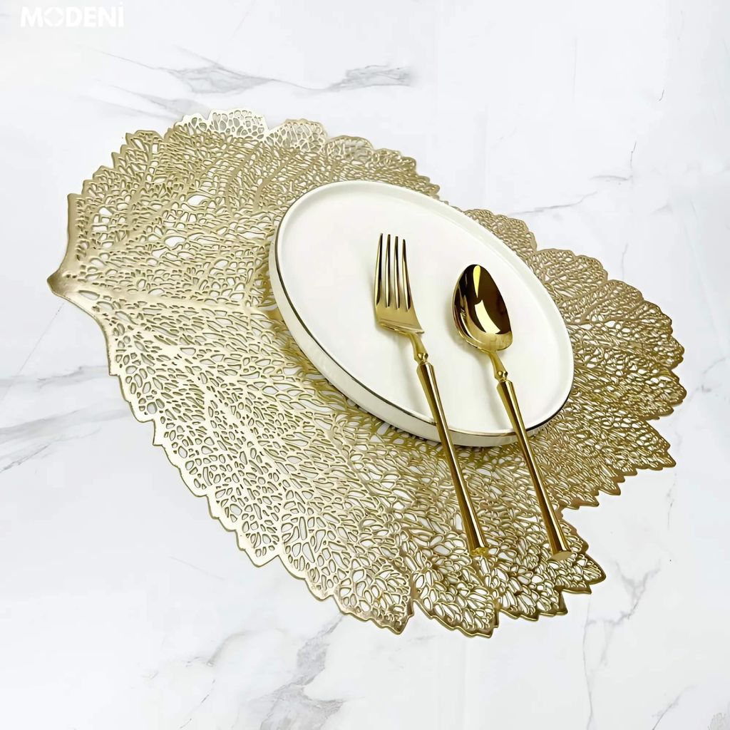 Tấm Lót Bàn Ăn Leafy Placemat Họa Tiết Lá Cây Vàng Ánh Kim – Trang Trí Sang Trọng, Chất Liệu PVC Cao Cấp, Kích Thước 47x36cm