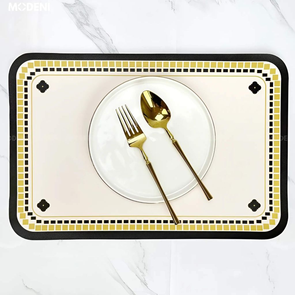 Placemat Lót Bàn Ăn Clubs – Họa Tiết Hoa Cách Điệu Độc Đáo, Viền Vàng Caro Sang Trọng, Chất Liệu Nhựa Cao Cấp, Phù Hợp Bàn Ăn Hiện Đại – Nhà Hàng