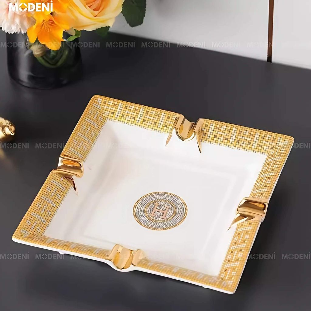 Gạt Tàn H-Paris Gốm Sứ Cao Cấp – Thiết Kế Vuông Trắng Vàng, Sang Trọng Cho Bàn Trà & Quà Tặng