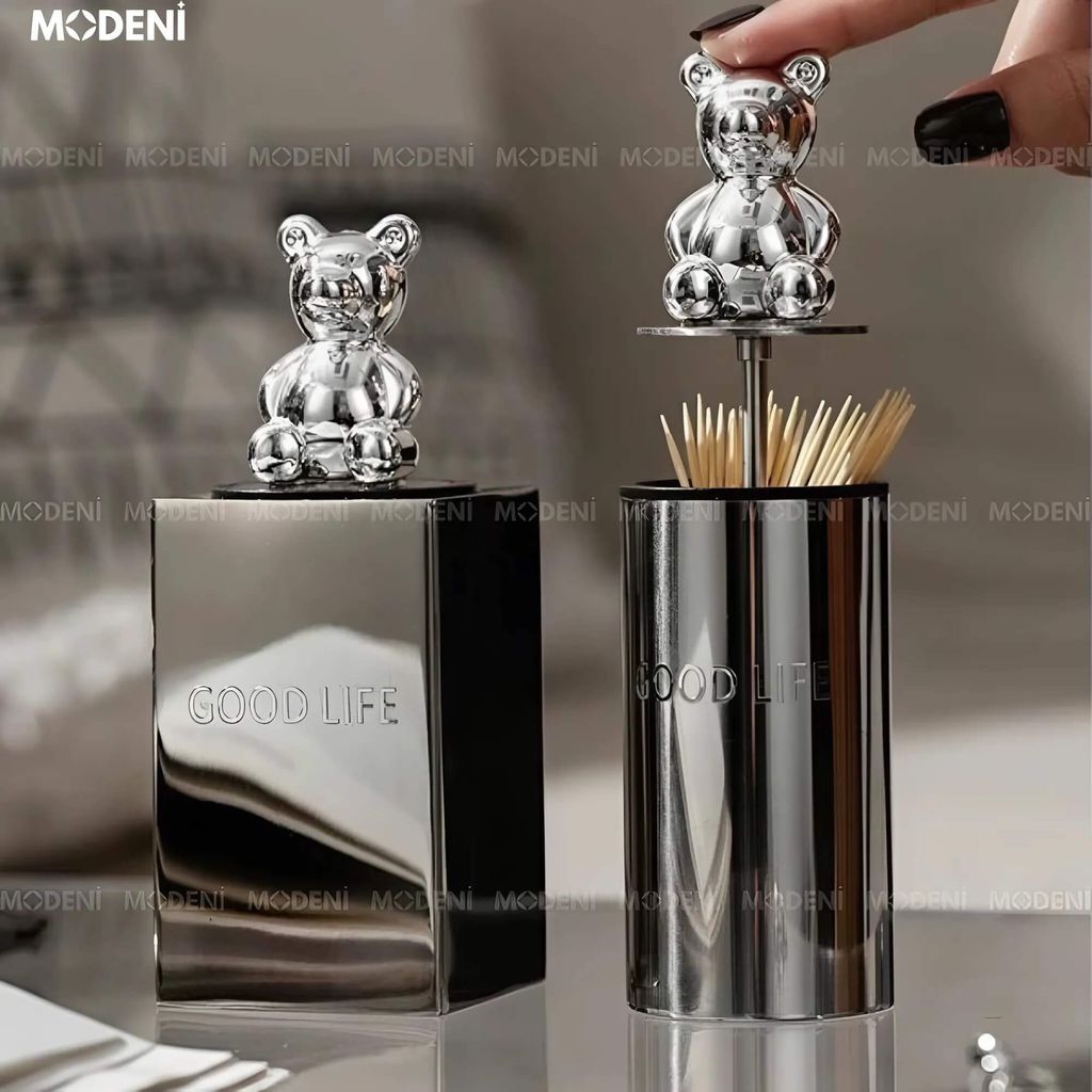Hủ Lọ Đựng Tăm GOOD LIFE Silver Vuông – Hộp Tăm Kim Loại Cao Cấp Thiết Kế Gấu Trang Trí Bàn Ăn, Quầy Bar
