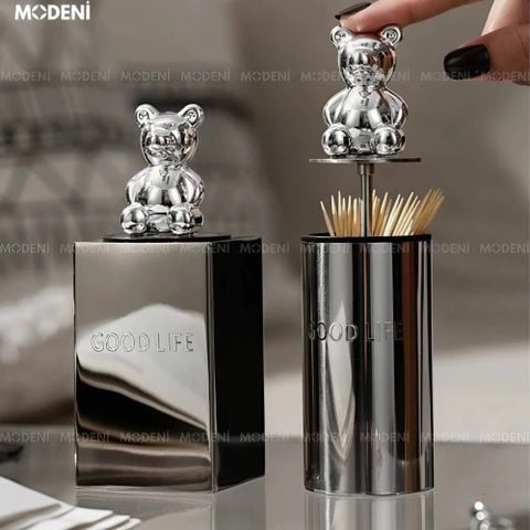 Hộp đựng tăm GOOD LIFE Silver vuông – nắp hình gấu bạc độc đáo, chất liệu kim loại cao cấp