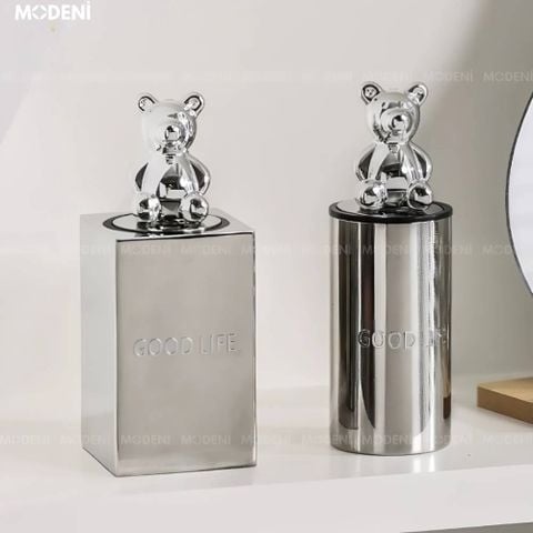 Hộp đựng tăm GOOD LIFE Silver vuông – nắp hình gấu bạc độc đáo, chất liệu kim loại cao cấp