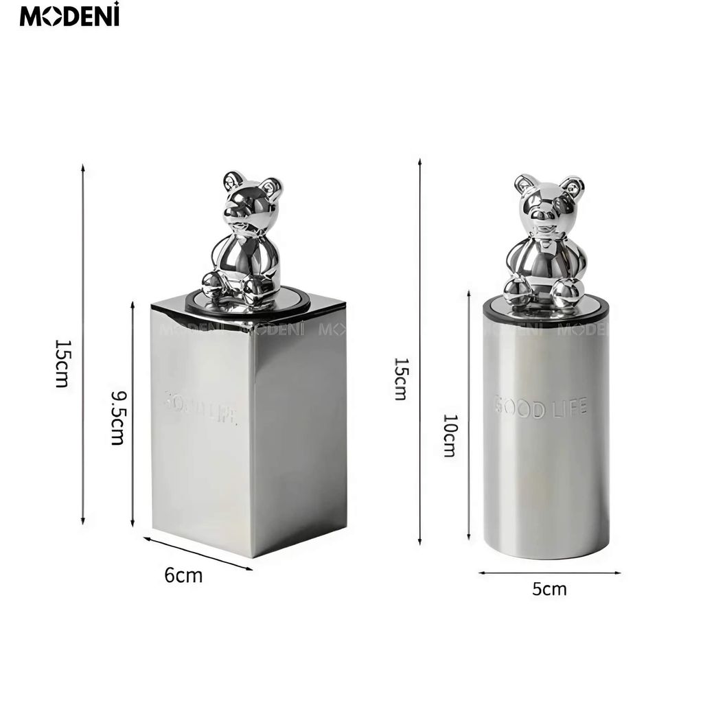 Hủ Lọ Đựng Tăm GOOD LIFE Silver Vuông – Hộp Tăm Kim Loại Cao Cấp Thiết Kế Gấu Trang Trí Bàn Ăn, Quầy Bar