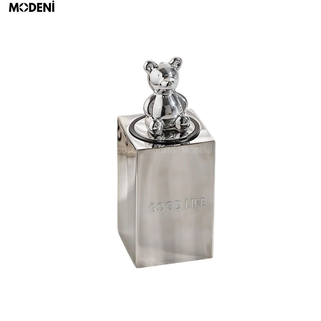 Hủ Lọ Đựng Tăm GOOD LIFE Silver Vuông – Hộp Tăm Kim Loại Cao Cấp Thiết Kế Gấu Trang Trí Bàn Ăn, Quầy Bar