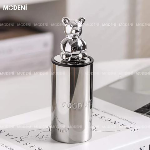 Hủ đựng tăm inox tròn nắp gấu màu bạc hiện đại
