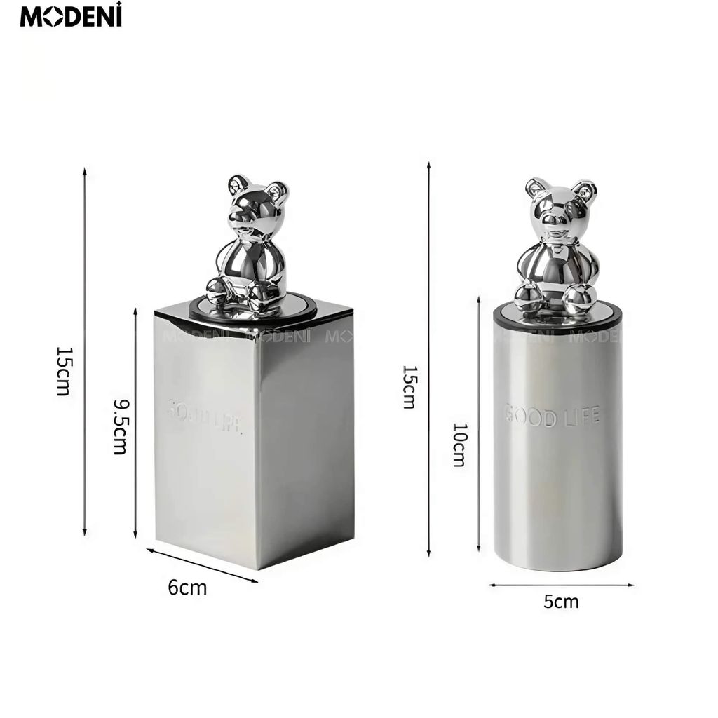 Hủ Đựng Tăm Inox GOOD LIFE Silver Tròn – Thiết Kế Gấu Trang Trí Hiện Đại – Kích Thước Vừa Tiện Dụng Cho Bàn Ăn, Phòng Khách