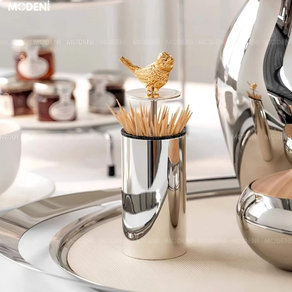 Lọ Đựng Tăm Trivoli Silver – Thiết Kế Nắp Chim Mạ Vàng, Kim Loại Cao Cấp, Decor Bàn Ăn Hiện Đại (13x5cm)