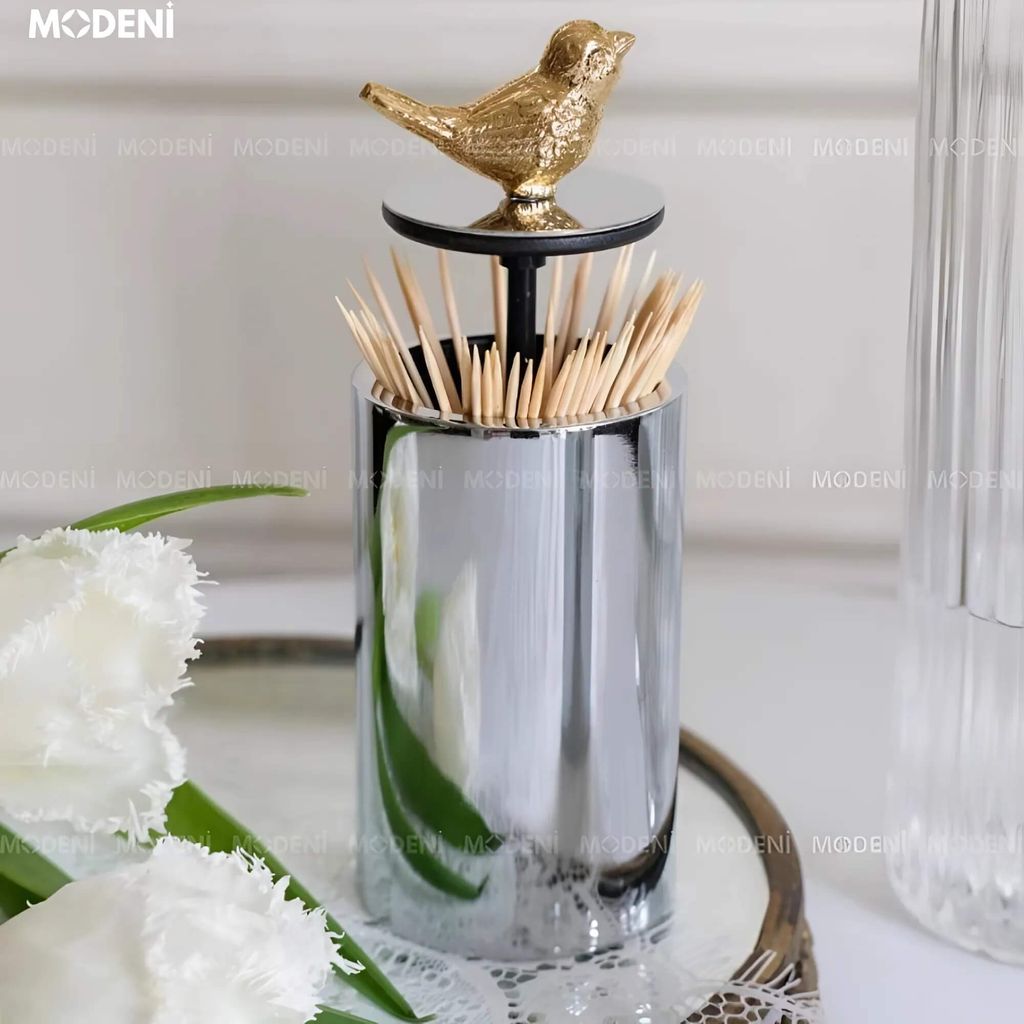 Lọ Đựng Tăm Trivoli Silver – Thiết Kế Nắp Chim Mạ Vàng, Kim Loại Cao Cấp, Decor Bàn Ăn Hiện Đại (13x5cm)