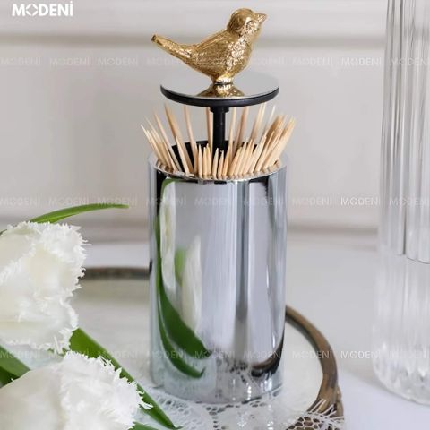 Lọ đựng tăm Trivoli Silver nắp chim vàng cao cấp