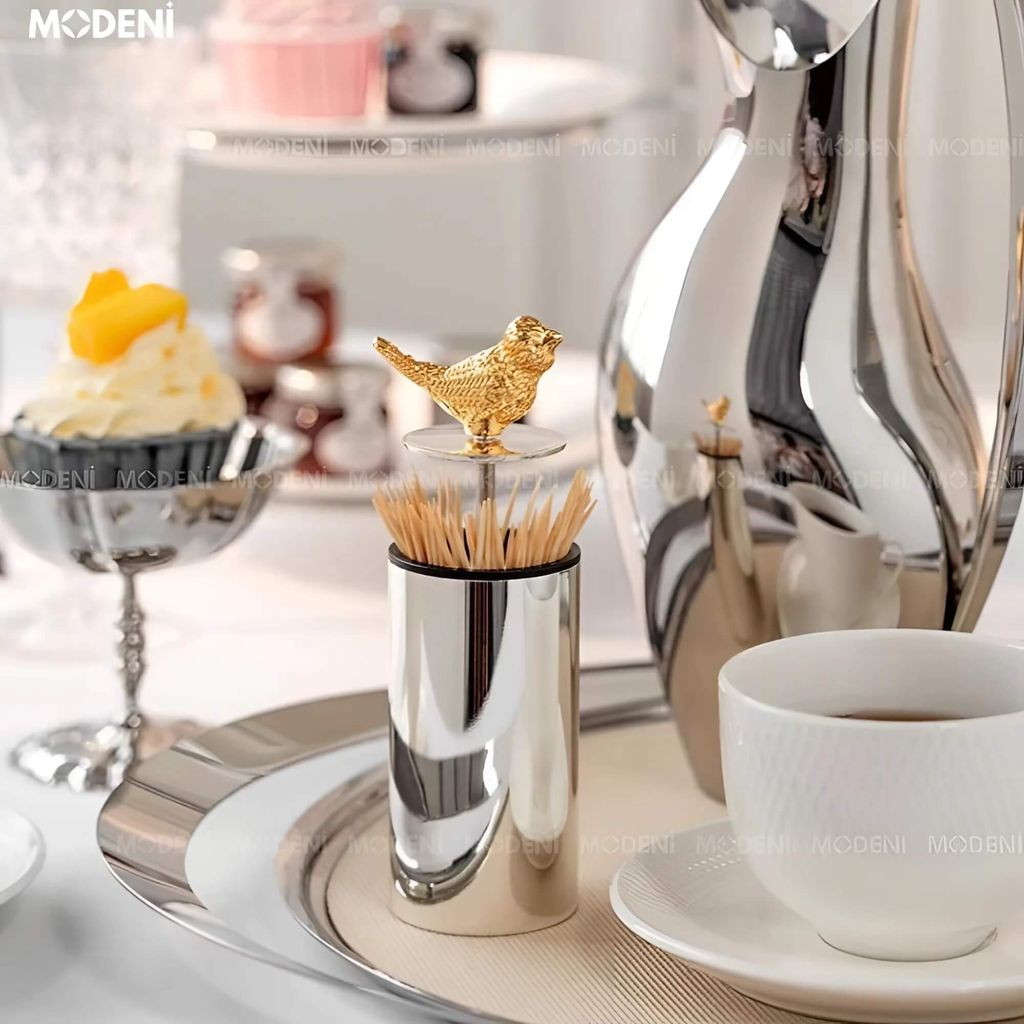 Lọ Đựng Tăm Trivoli Silver – Thiết Kế Nắp Chim Mạ Vàng, Kim Loại Cao Cấp, Decor Bàn Ăn Hiện Đại (13x5cm)