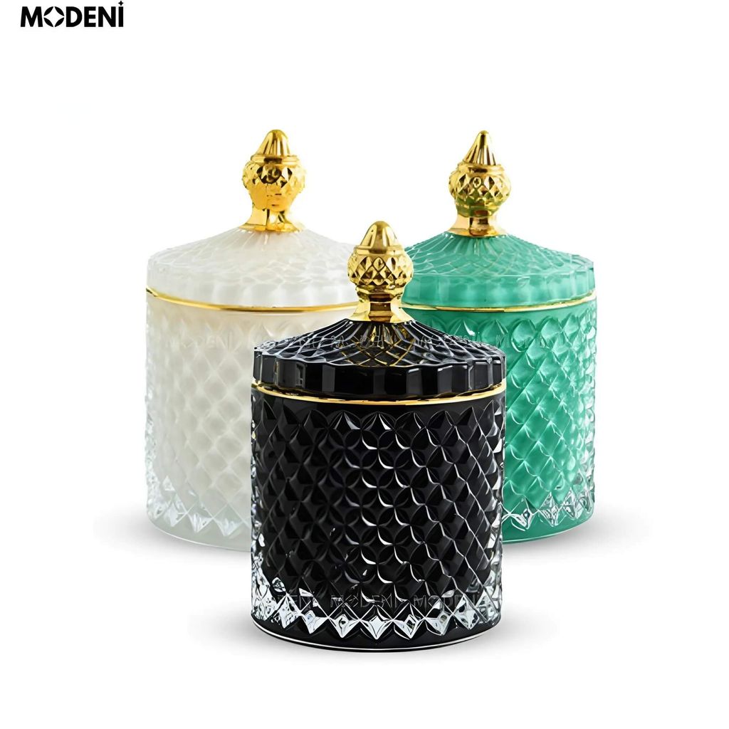 Lọ Đựng Bánh Kẹo Shya Thủy Tinh Nắp Vàng Sang Trọng – Cao 14cm, Đường Kính 8.5cm – Phù Hợp Decor Bàn Tiệc, Quà Tặng Cao Cấp