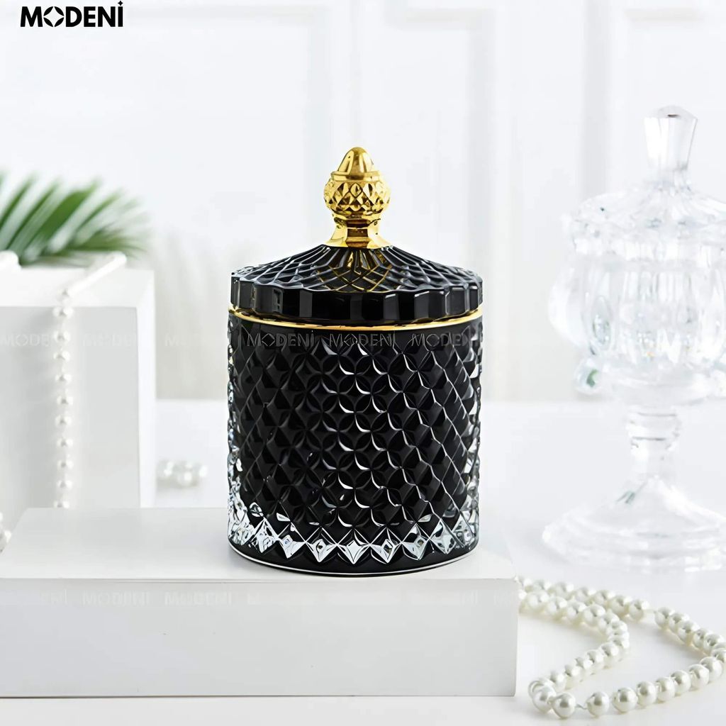Lọ Đựng Bánh Kẹo Shya Thủy Tinh Nắp Vàng Sang Trọng – Cao 14cm, Đường Kính 8.5cm – Phù Hợp Decor Bàn Tiệc, Quà Tặng Cao Cấp