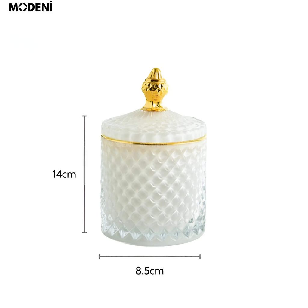 Lọ Đựng Bánh Kẹo Shya Thủy Tinh Nắp Vàng Sang Trọng – Cao 14cm, Đường Kính 8.5cm – Phù Hợp Decor Bàn Tiệc, Quà Tặng Cao Cấp