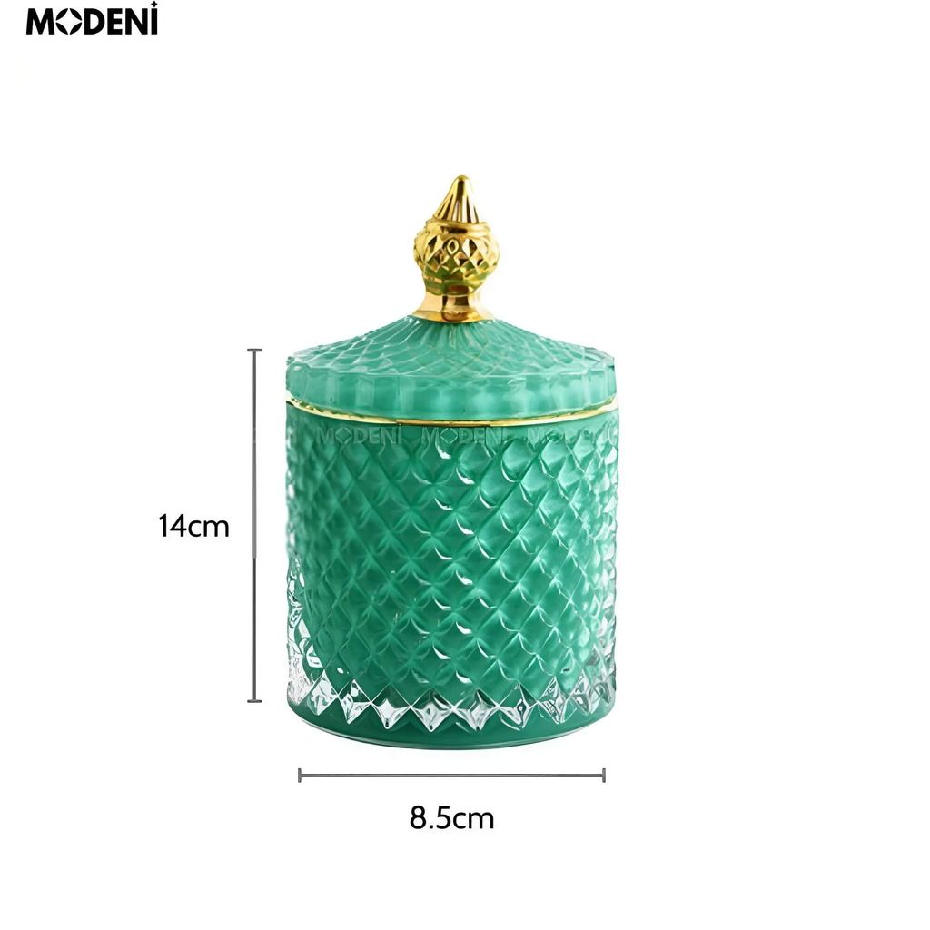 Lọ Đựng Bánh Kẹo Shya Thủy Tinh Nắp Vàng Sang Trọng – Cao 14cm, Đường Kính 8.5cm – Phù Hợp Decor Bàn Tiệc, Quà Tặng Cao Cấp