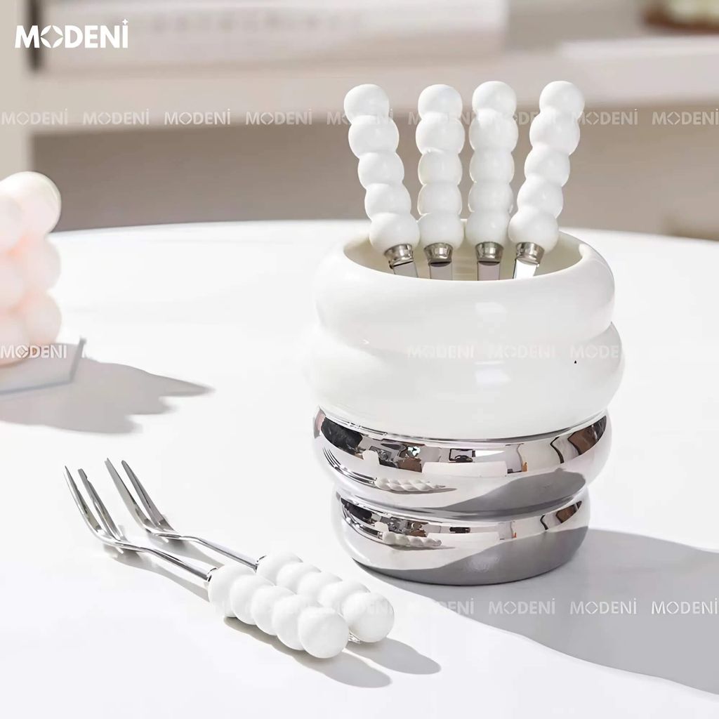 Set Lọ Đựng Nĩa Ciara Trắng Bạc Cao Cấp – Kèm 6 Nĩa Tráng Miệng Nghệ Thuật – Dùng Cho Bàn Tiệc, Decor Sang Trọng