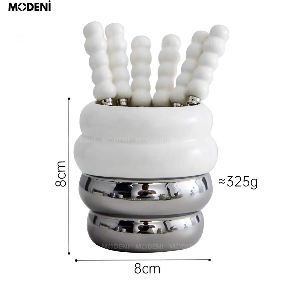Set Lọ Đựng Nĩa Ciara Trắng Bạc Cao Cấp – Kèm 6 Nĩa Tráng Miệng Nghệ Thuật – Dùng Cho Bàn Tiệc, Decor Sang Trọng