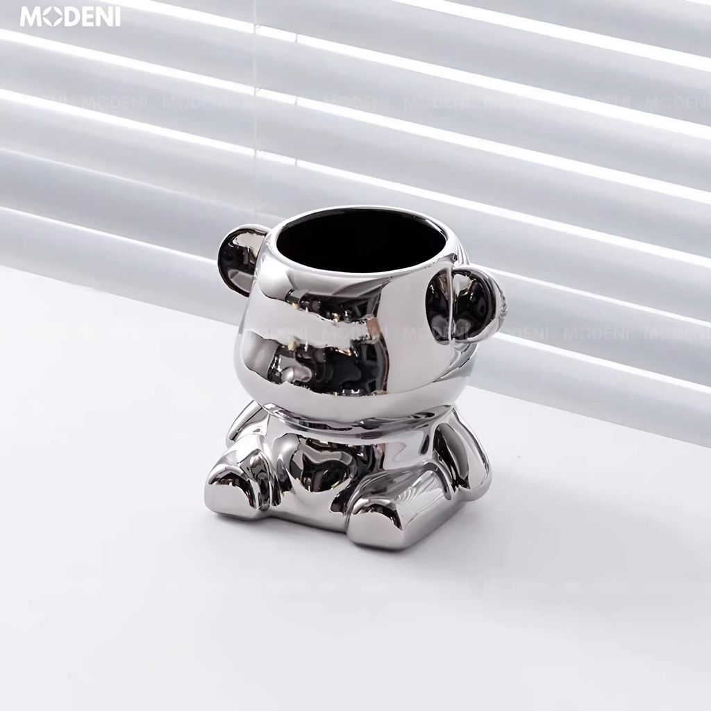 Set Lọ Đựng Muỗng Nĩa Mercy Silver – Dáng Gấu Mạ Bạc Sang Trọng Kèm 6 Nĩa Tráng Miệng Nghệ Thuật Cho Bàn Tiệc Hiện Đại