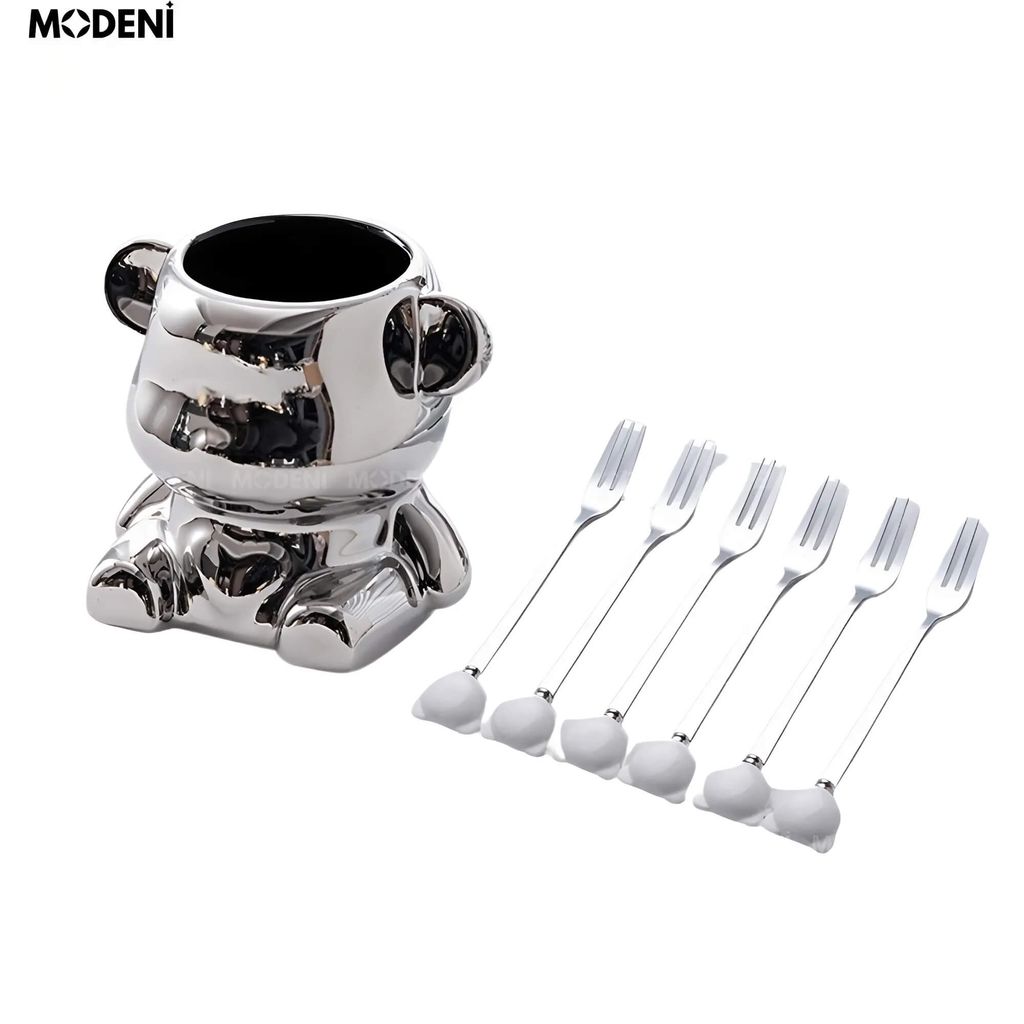 Set Lọ Đựng Muỗng Nĩa Mercy Silver – Dáng Gấu Mạ Bạc Sang Trọng Kèm 6 Nĩa Tráng Miệng Nghệ Thuật Cho Bàn Tiệc Hiện Đại