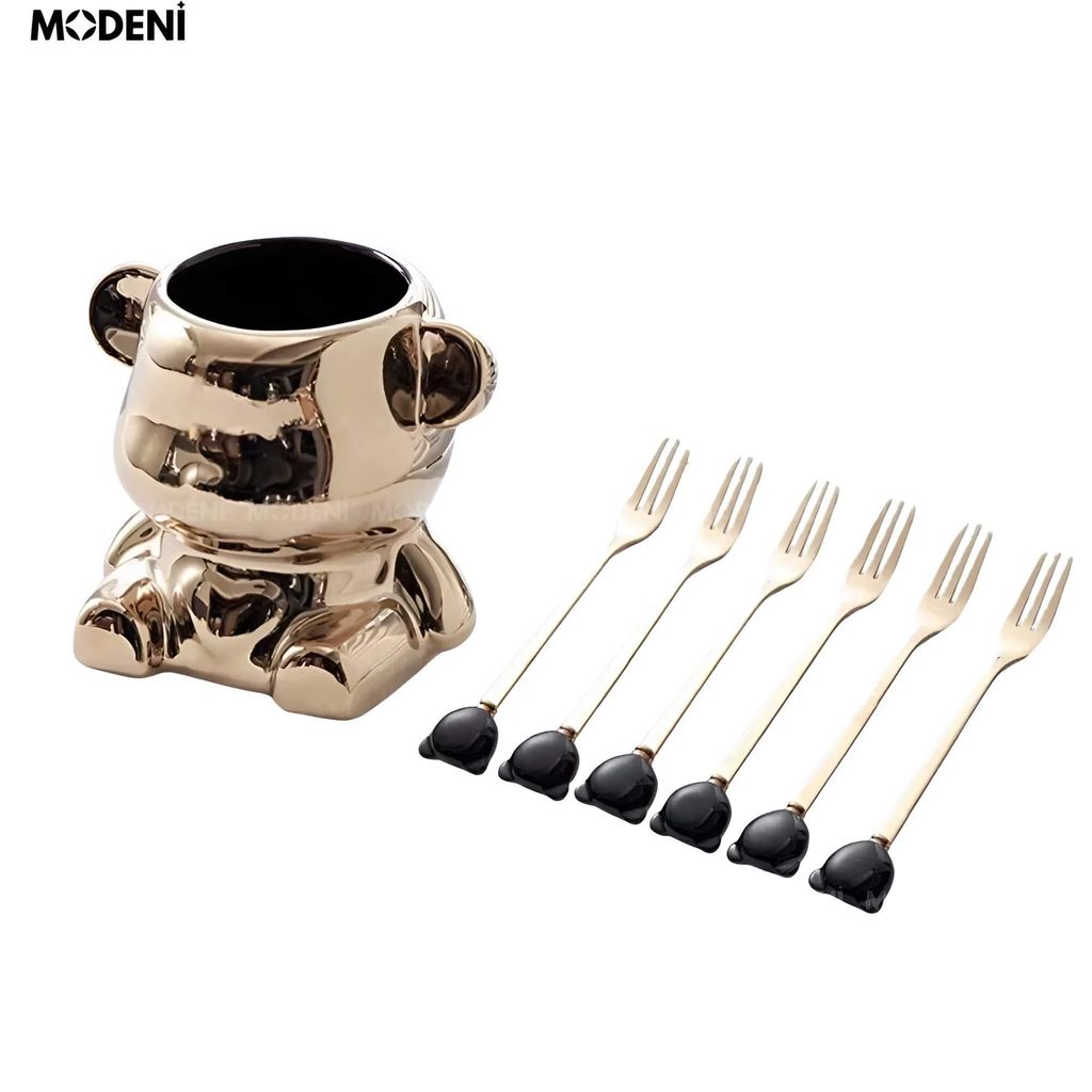 Set Lọ Đựng Muỗng Nĩa Mercy Golden Cao Cấp – Thiết Kế Hình Gấu Mạ Vàng Sang Trọng, Kèm 6 Nĩa Tráng Miệng Nghệ Thuật, Phù Hợp Decor Bàn Tiệc, Bàn Ăn Hoặc Quà Tặng Độc Đáo