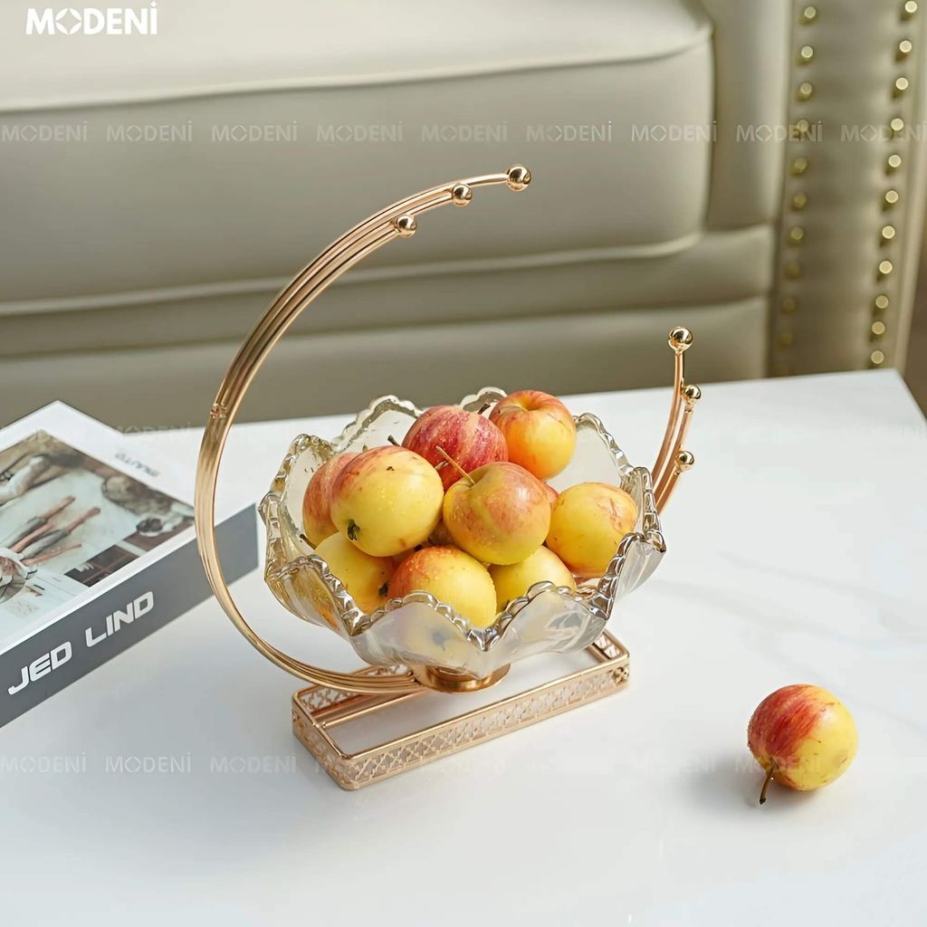 Tô Đựng Kẹo Trái Cây Lotus – Tô Thủy Tinh Decor Sang Trọng – Đế Vàng Cao Cấp – Kích Thước 26x18x28cm, Phù Hợp Bàn Tiếp Khách