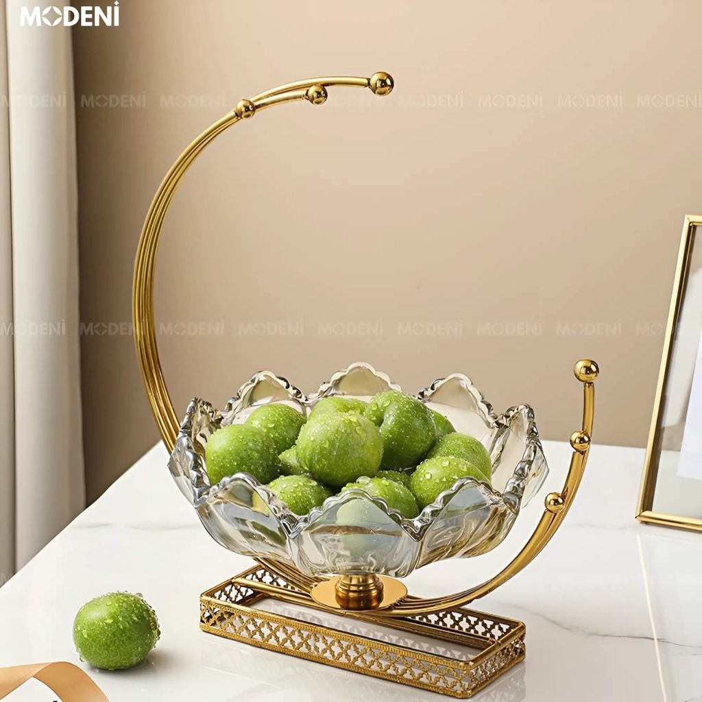 Tô Đựng Kẹo Trái Cây Lotus – Tô Thủy Tinh Decor Sang Trọng – Đế Vàng Cao Cấp – Kích Thước 26x18x28cm, Phù Hợp Bàn Tiếp Khách