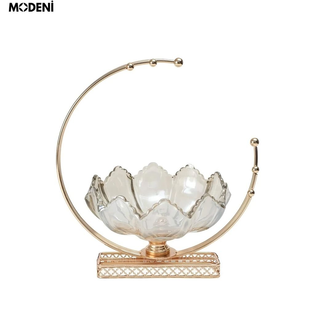 Tô Đựng Kẹo Trái Cây Lotus – Tô Thủy Tinh Decor Sang Trọng – Đế Vàng Cao Cấp – Kích Thước 26x18x28cm, Phù Hợp Bàn Tiếp Khách