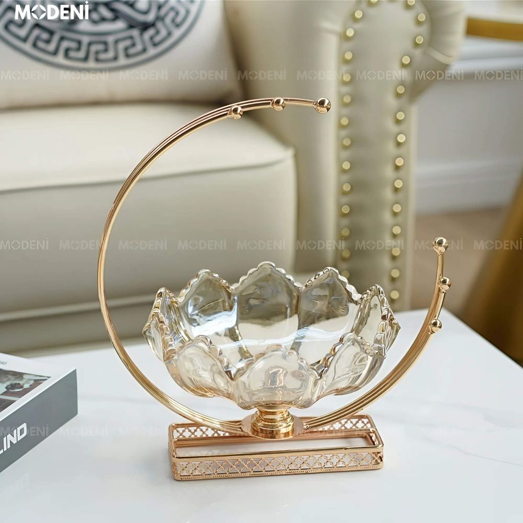 Tô Đựng Kẹo Trái Cây Lotus – Tô Thủy Tinh Decor Sang Trọng – Đế Vàng Cao Cấp – Kích Thước 26x18x28cm, Phù Hợp Bàn Tiếp Khách