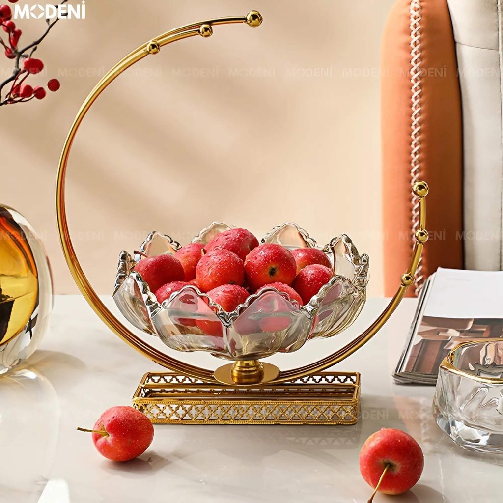Tô Đựng Kẹo Trái Cây Lotus – Tô Thủy Tinh Decor Sang Trọng – Đế Vàng Cao Cấp – Kích Thước 26x18x28cm, Phù Hợp Bàn Tiếp Khách