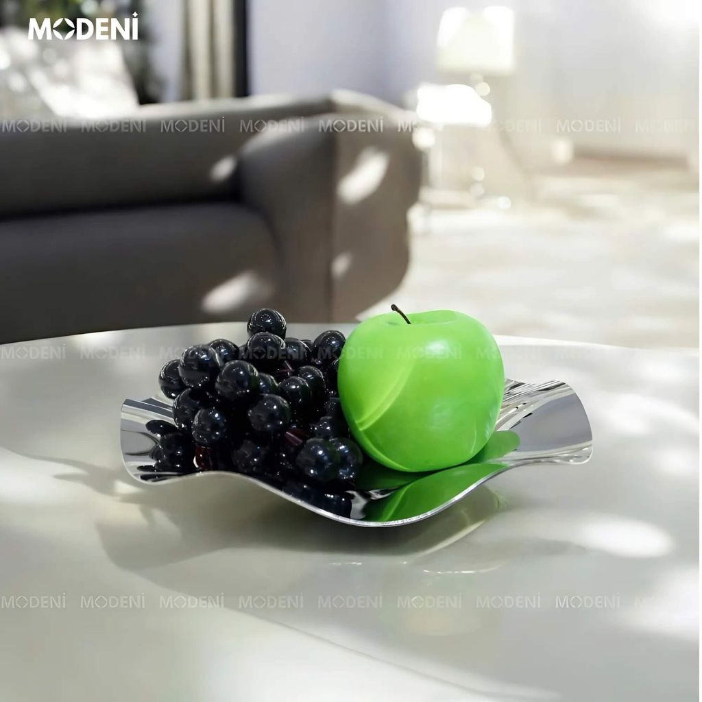 Đĩa Trang Trí Đựng Trái Cây Myrna Inox Cao Cấp Bo Cong Nghệ Thuật – 23x23cm, Phù Hợp Decor Hiện Đại, Tối Giản