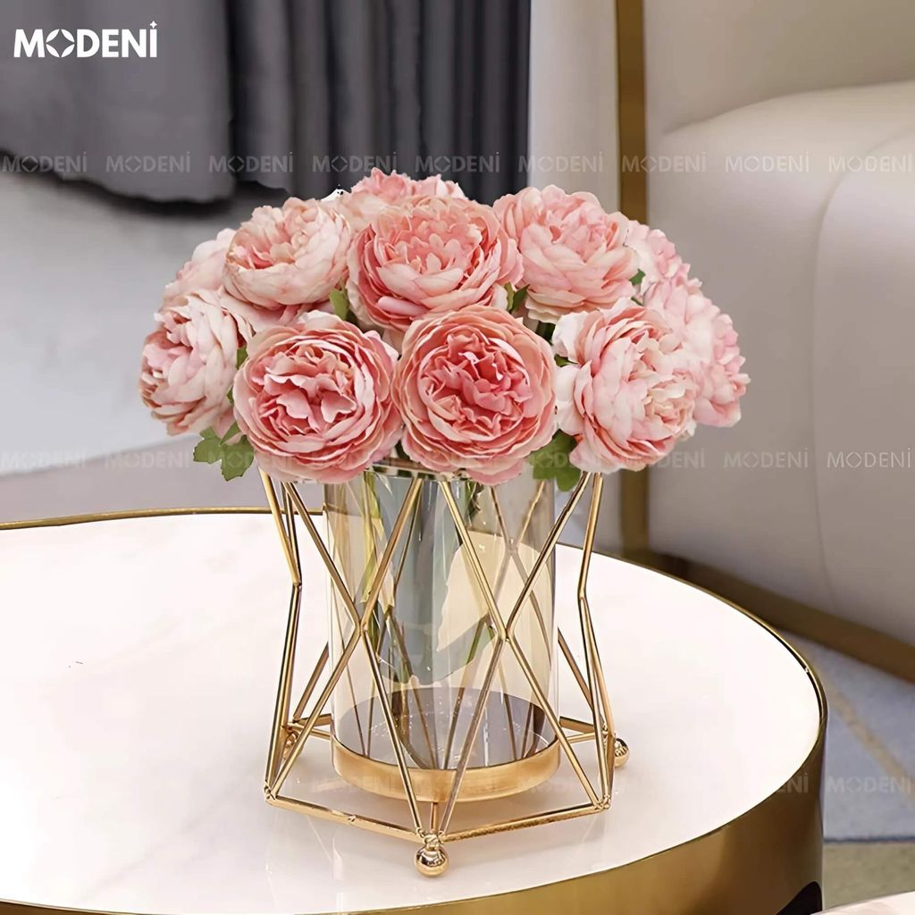 Lọ Hoa Swirling Light – Bình hoa thủy tinh decor hiện đại – Khung kim loại mạ vàng sang trọng – Kích thước 18x15cm, phù hợp bàn tiệc hoặc phòng khách