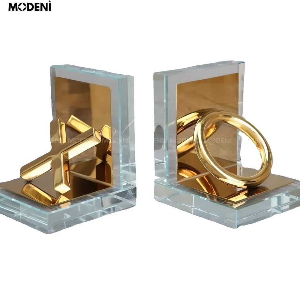 Chặn Sách Trang Trí Dominic – Chặn Sách Nghệ Thuật Hiện Đại – Thiết Kế Kính Trong Suốt Phối Kim Loại Mạ Vàng, Phù Hợp Kệ Sách, Tủ Trưng Bày, Bàn Làm Việc