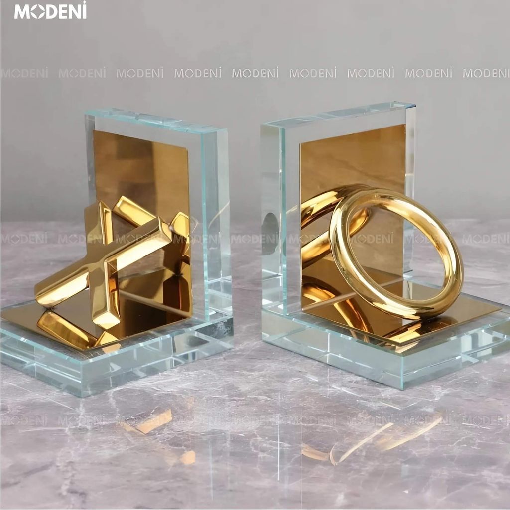 Chặn Sách Trang Trí Dominic – Chặn Sách Nghệ Thuật Hiện Đại – Thiết Kế Kính Trong Suốt Phối Kim Loại Mạ Vàng, Phù Hợp Kệ Sách, Tủ Trưng Bày, Bàn Làm Việc