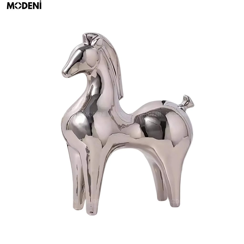 Tượng Ngựa Harold Silver Gốm Sứ Cao Cấp – Decor Hiện Đại Sang Trọng – Bề Mặt Tráng Gương Bạc – Phù Hợp Kệ Tủ, Bàn Console, Quà Tặng