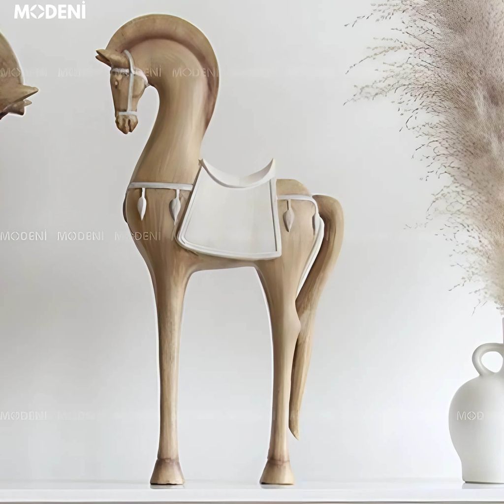 Tượng Ngựa Đứng Darius Decor Hiện Đại Bắc Âu Sang Trọng – Chất Liệu Resin Vân Gỗ Cao Cấp, Phù Hợp Bàn & Kệ Trang Trí