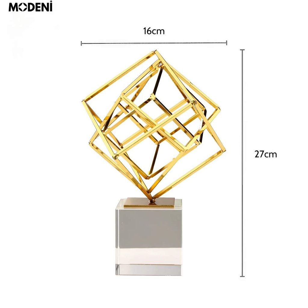 Tượng Trang Trí Nghệ Thuật Archie Decor Hiện Đại Sang Trọng – Khối Lập Phương Mạ Vàng – Đế Pha Lê Cao Cấp