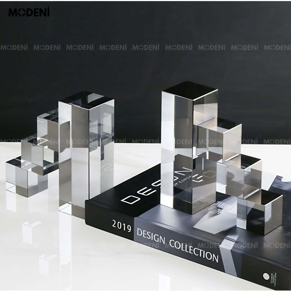 Tượng Trang Trí Modra Chặn Sách Hình Khối – Thiết Kế Pha Lê Xếp Tầng Nghệ Thuật – Decor Hiện Đại & Tối Giản Cho Kệ Sách, Bàn Làm Việc