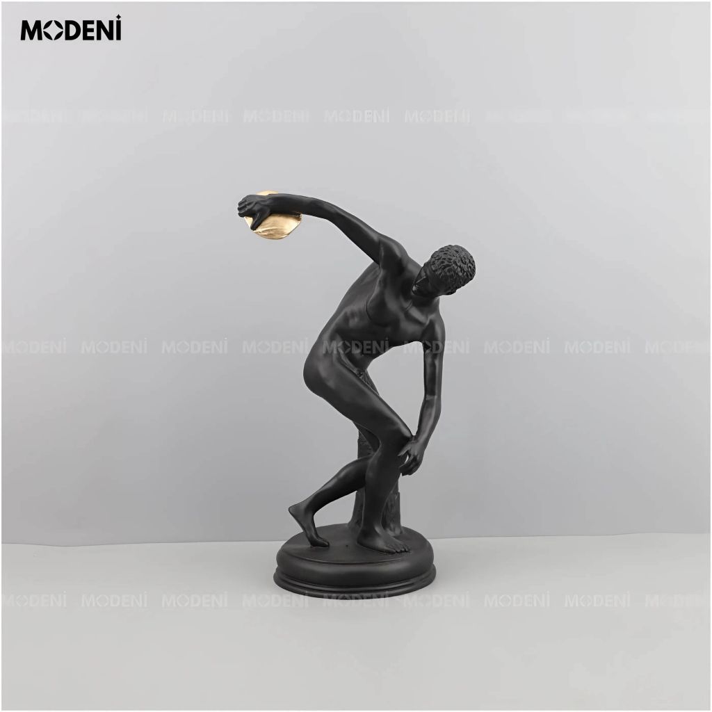 Tượng Trang Trí Aureus Black Nam Thần Hy Lạp – Dáng Ném Đĩa Truyền Thống – Decor Kệ Tủ, Bàn Phòng Khách