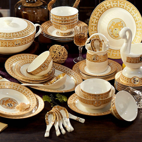  Bộ Tô Chén Đĩa Sứ Xương H-Paris (Tròn) Bộ Bát Đĩa Cao Cấp Viền Vàng - Bộ 70 Món 