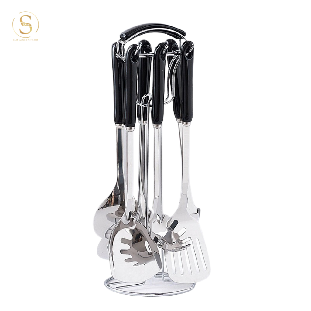 Bộ Muôi Vá Cao Cấp 7 Món Alma Silver Siêu Bền Cán Đen Sang Trọng Hiện Đại Kèm Giá Đỡ