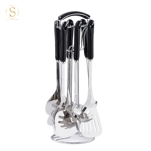 Bộ Muôi Vá Cao Cấp 7 Món Alma Silver Siêu Bền Cán Đen Sang Trọng Hiện Đại Kèm Giá Đỡ 